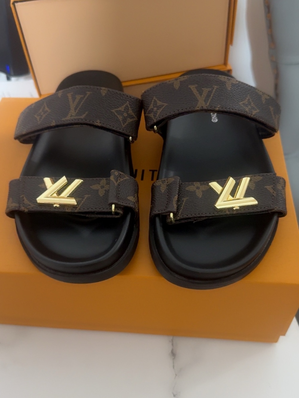 Louis Vuitton Brown Monogram Gold-Accented Slide Sandals